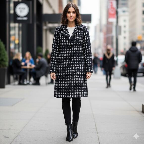 NVLT Black White Monochrome Plaid Stylish Heavyweight Mid Length Coat Size L - Picture 1 of 10